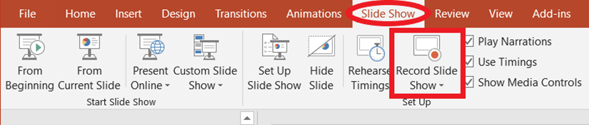 PowerPoint PC 2019 Record Slide Show button