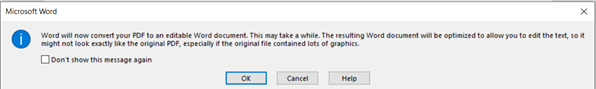 Word warning about losing formatting when converting the pdf file to a Word document.