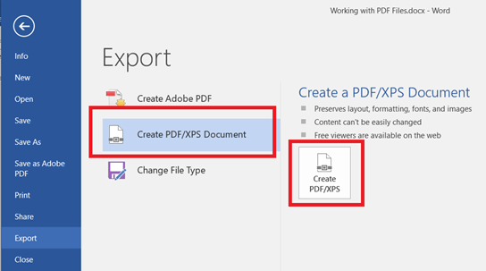 Word Export menu to pdf document
