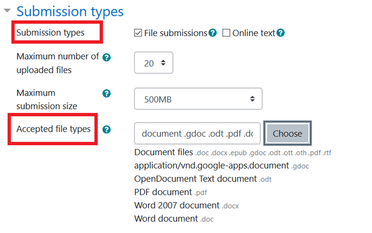 Moodle Assignment-Submission Type Settings