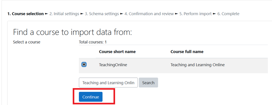Moodle-Import Tool-Selected course and Continue button