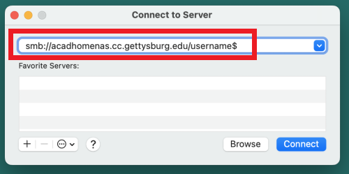 Mac-Connect to Server window with academic network address