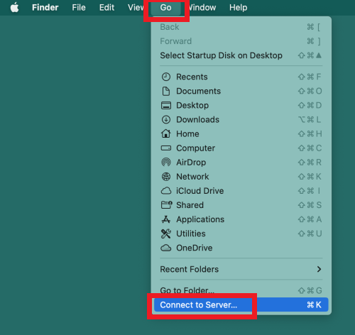 Mac- Go menu-Connect to Server