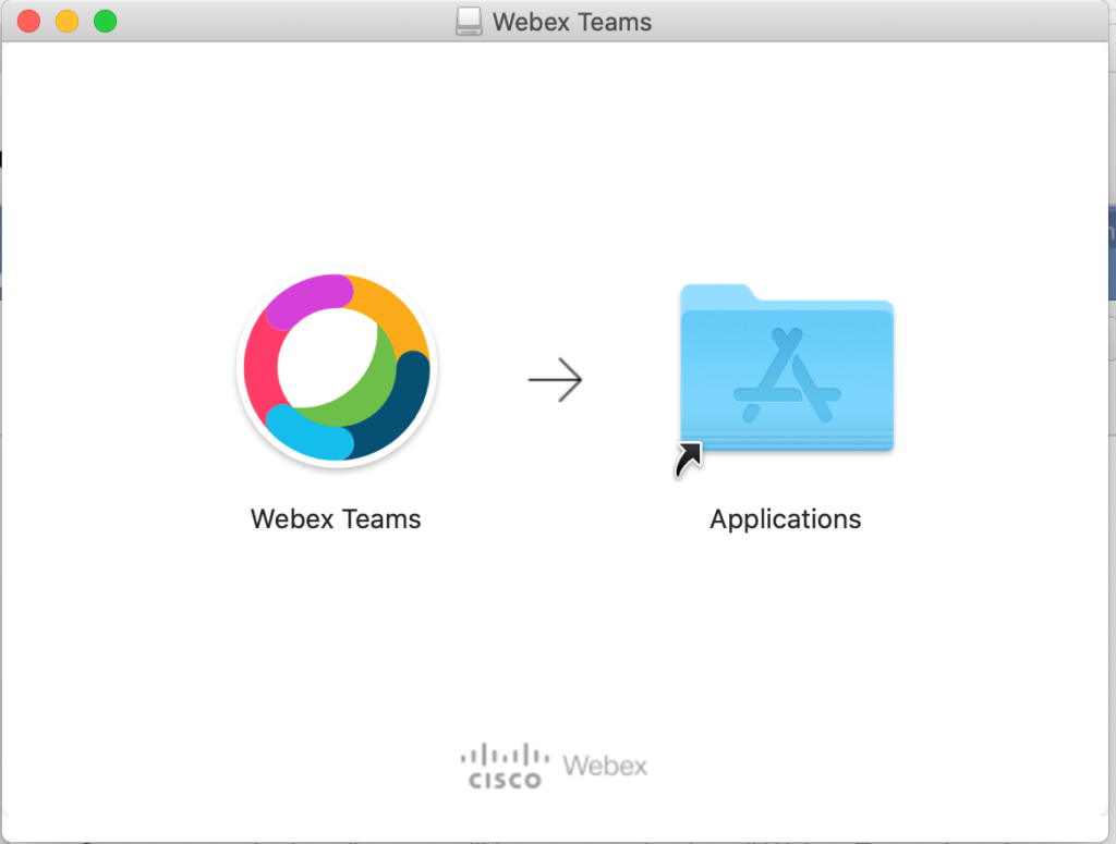 Select and hold the Webex Teams icon and Drag it over to the Applications folder.