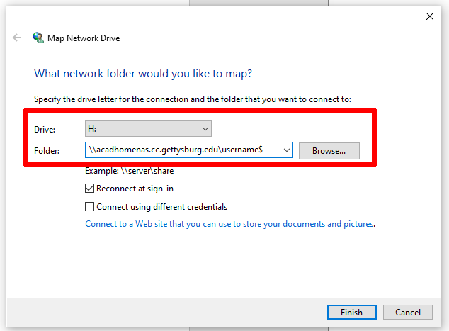 Map Network Drive window PC