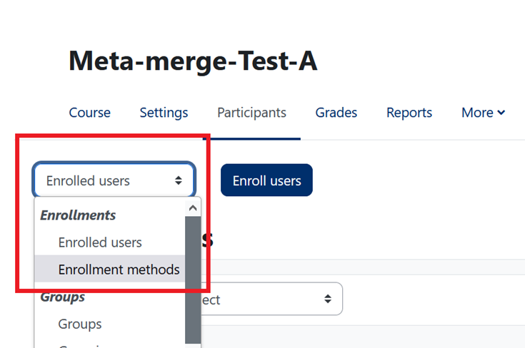 Moodle Course participants screen - enrollment methods option