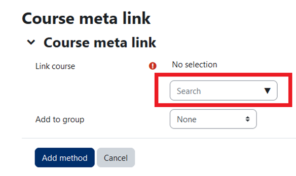 Moodle Course meta link window - link course search box