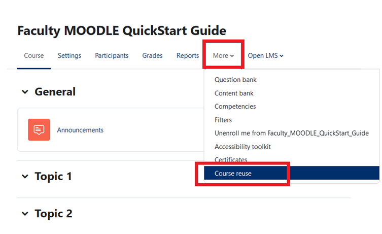 Moodle 4 - Course More tab - Course reuse option