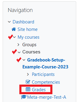 Moodle Classic Theme - Course Navigation Block - My Courses, Courses, Course, Grades highlighted
