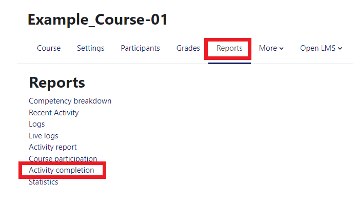 Moodle - Reports tab - Activity completion