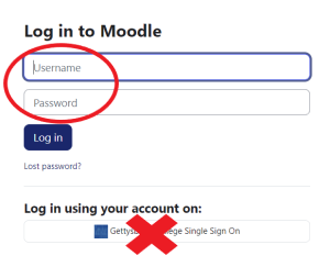 Undergraduate Moodle Log in page with Username and Password fields highlighted.