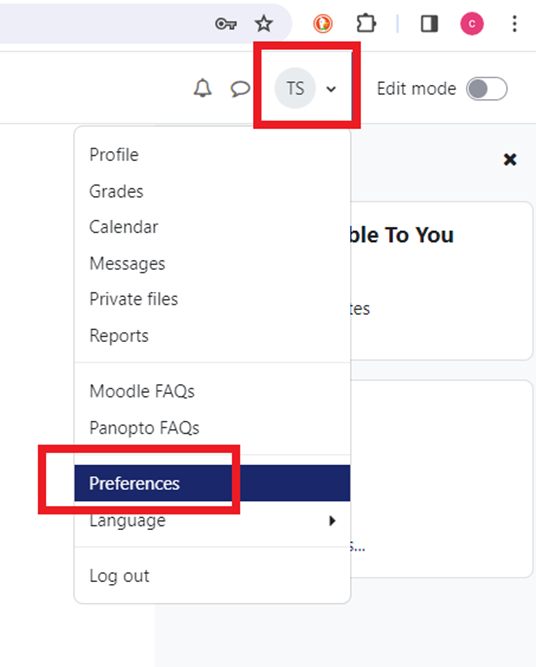 Moodle user Profile icon with Preferences option highlighted.