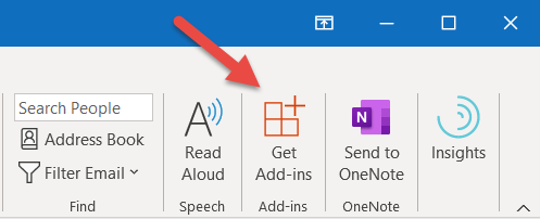 Outlook - Home Toolbar -Get Add-ins button highlighted