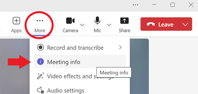 Teams-More Actions button with Meeting Info option highlighted