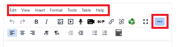 Moodle TinyMCE HTML test editor with More button and drop-down menus highlighted