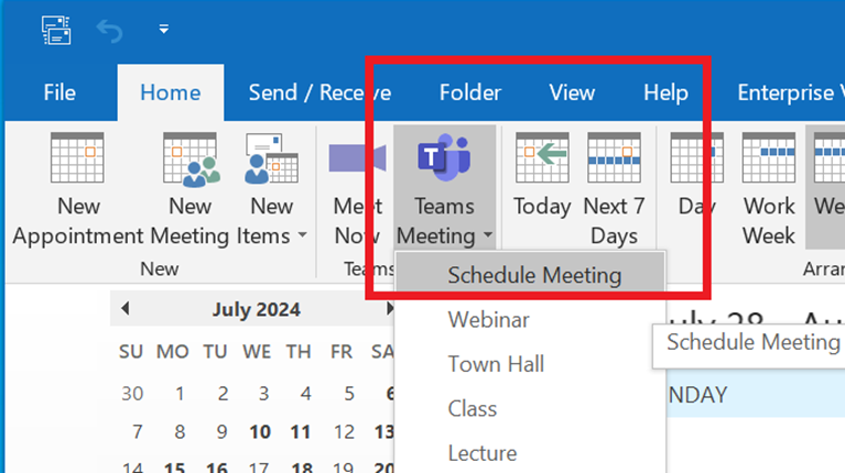 Outlook 2019 - Teams Meeting button with Schedule Meeting option highlighted