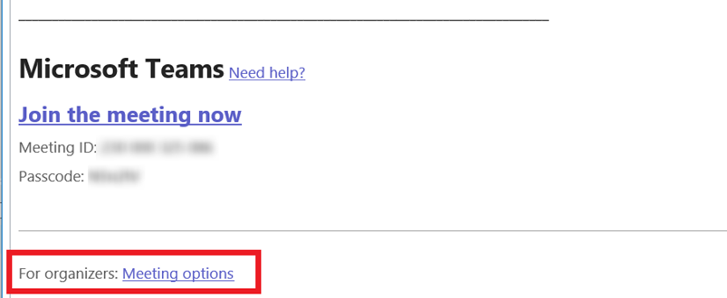 Outlook 2019 - For Organizers: Meet Options link in the meeting message body
