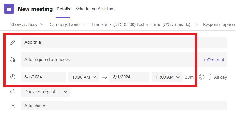 Teams - New meeting window with Add title, Add required attendees, and time fields highlighted