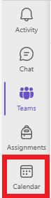 Teams menu button bar with Calendar button highlighted
