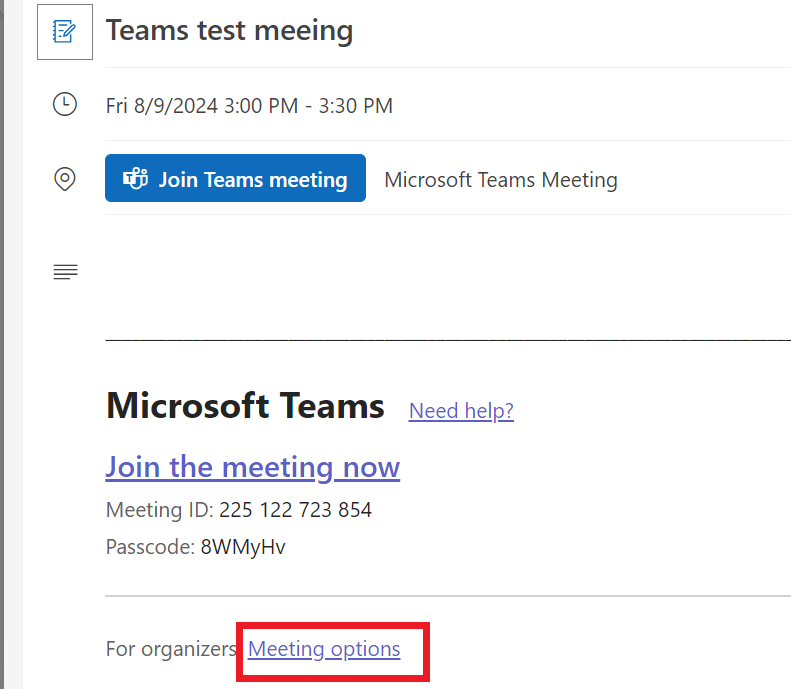 Outlook 365 - Teams meeting window with Meeting options link highlighted