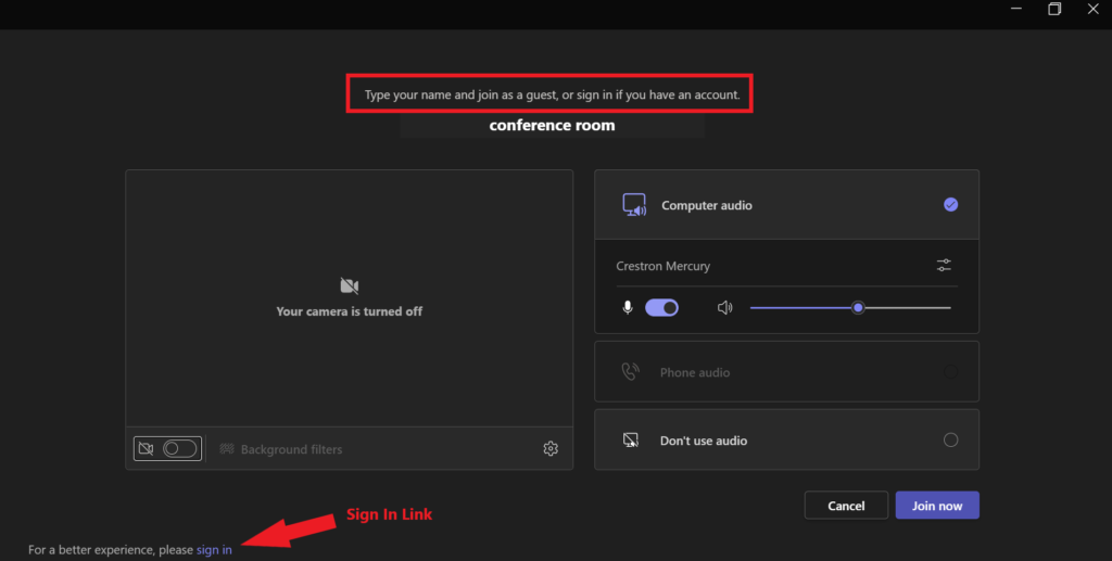 Teams meeting join window with the "Type your name" box and sign in links highlighted