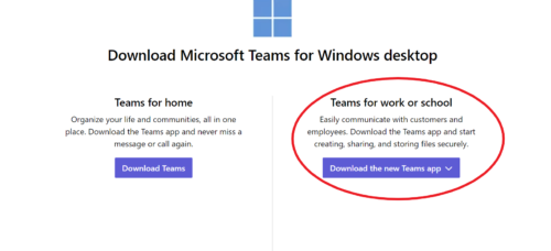 Download Microsoft Teams for Windows page with Teams for work or school option highlighted