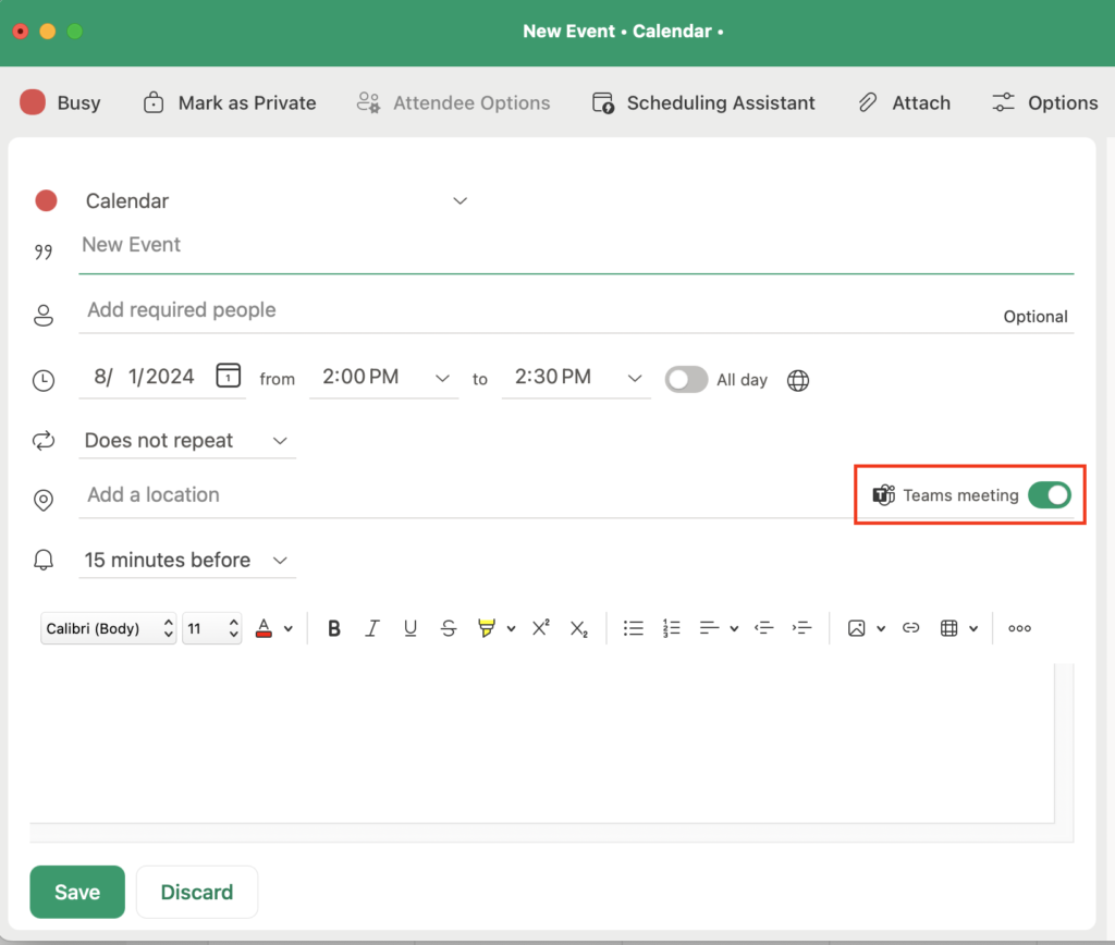 Outlook for the Mac - New Event window with Teams meeting toggle highlighted