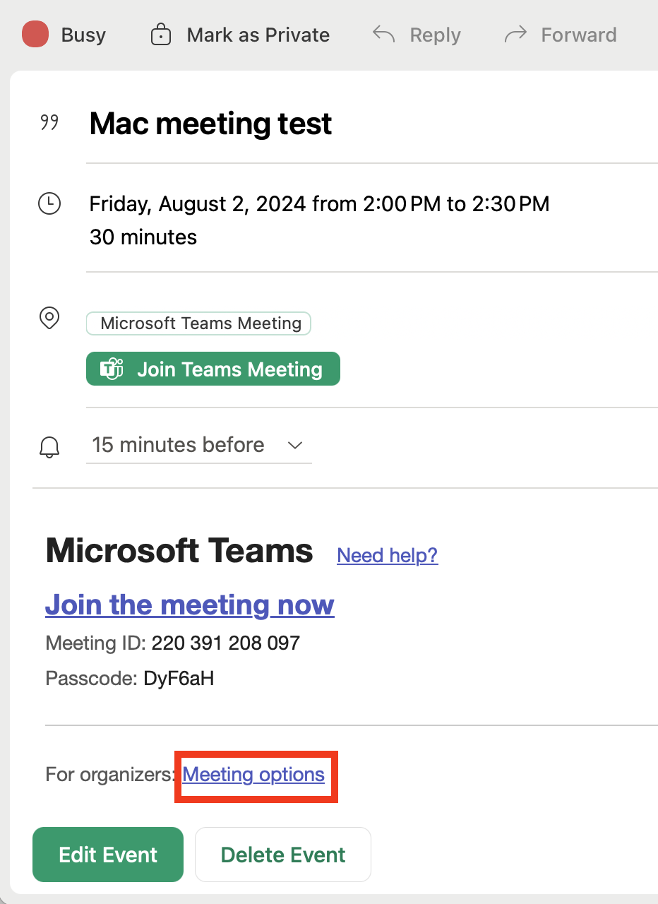 Teams meeting options link in Outlook Meeting for mac