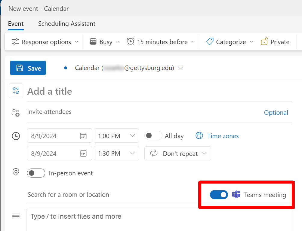 Outlook 365 - new event window with Teams meeting toggle switch highlighted